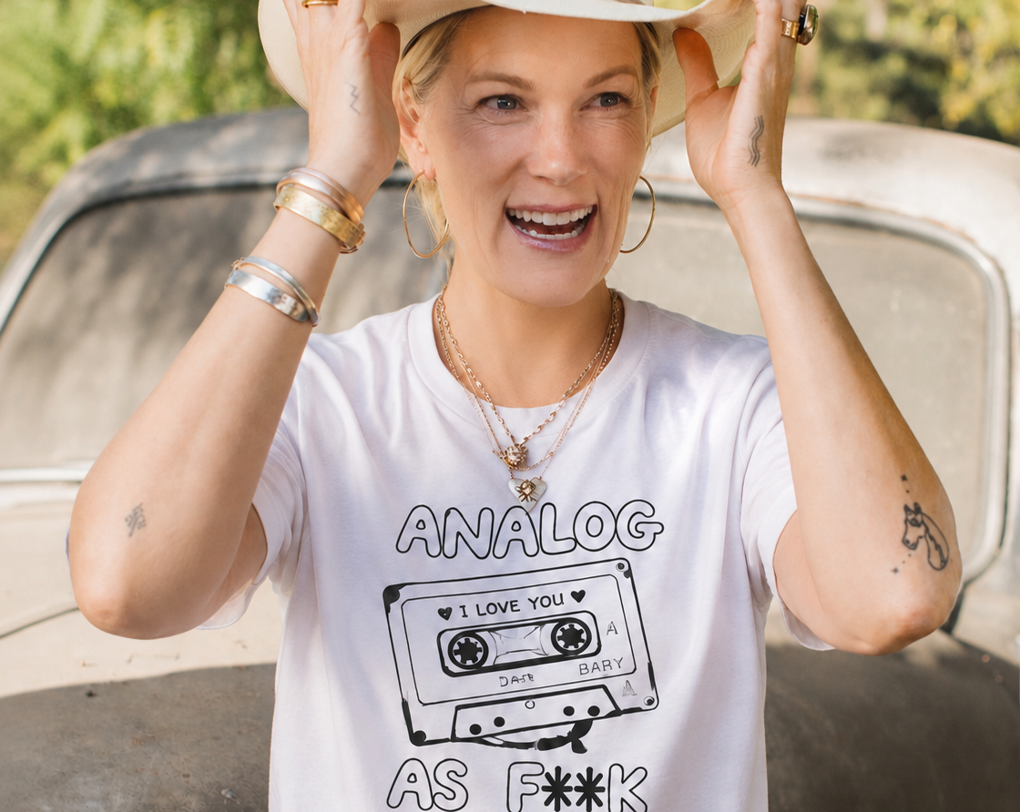 Analog As F**K retro cassette graphic tee in white, hand-drawn mixtape design