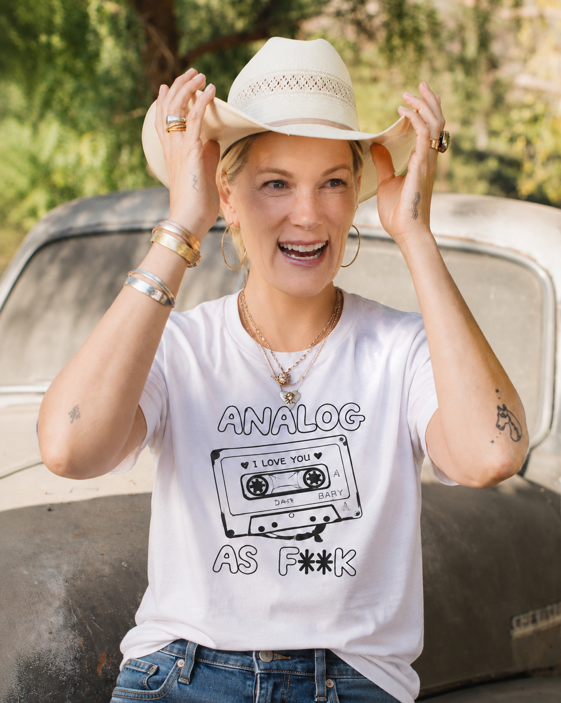 Analog As F**K retro cassette graphic tee in white, hand-drawn mixtape design
